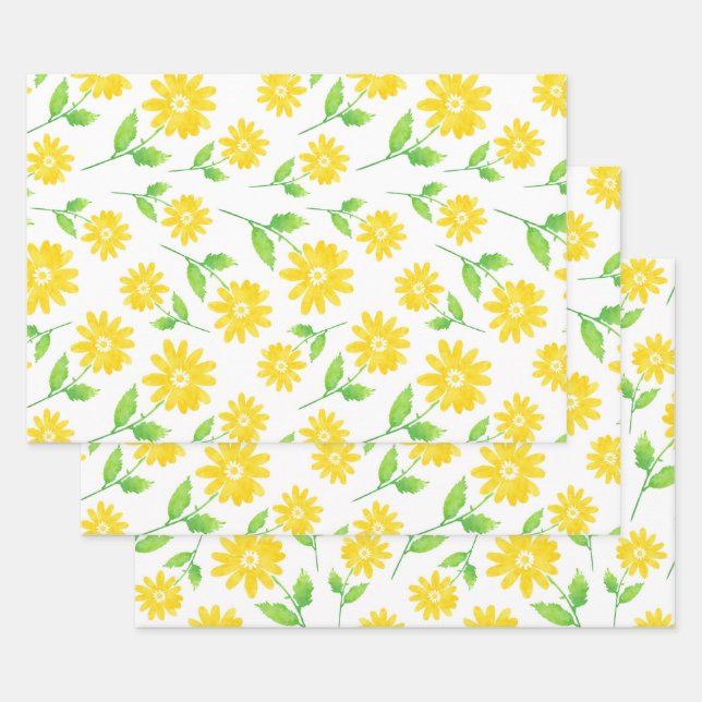 Yellow Watercolor Daisy Stems Pattern Wrapping Paper Sheets (Set)