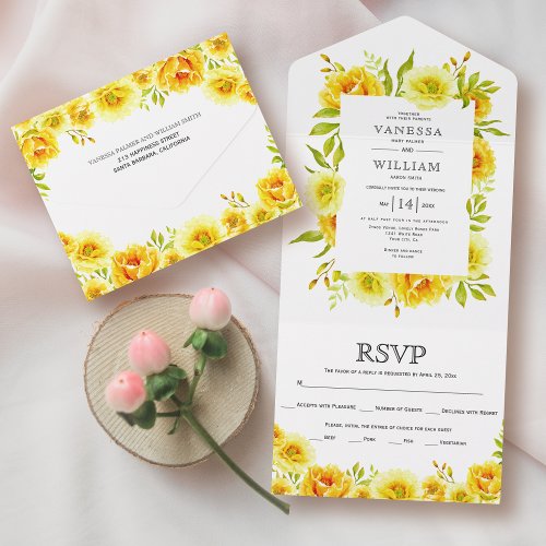 Yellow watercolor floral border sping wedding all in one invitation