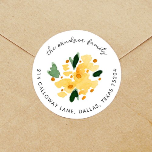 Yellow Watercolor Floral Bouquet Return Address Classic Round Sticker