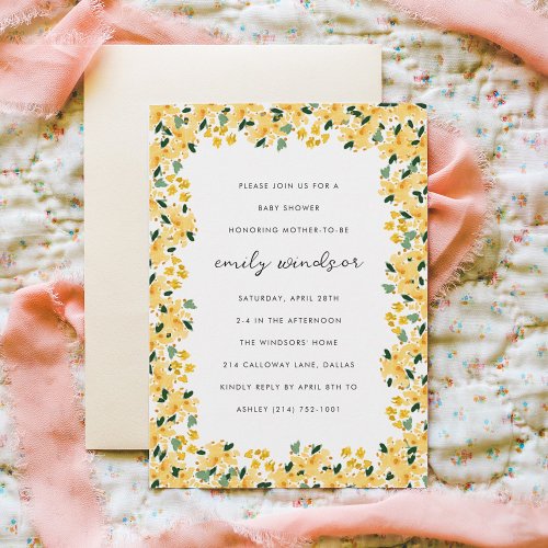 Yellow Watercolor Floral Garden Baby Shower Invitation
