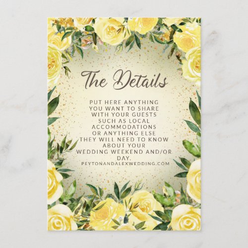 Yellow Watercolor Floral Glitter Wedding Enclosure Card