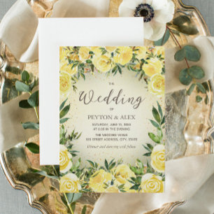 Yellow Watercolor Floral Gold Glitter Wedding Invitation