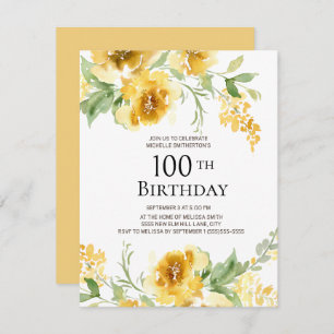 Yellow Watercolor Floral Greenery 100th Birthday Invitation