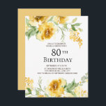 Yellow Watercolor Floral Greenery 80th Birthday Invitation<br><div class="desc">Cute, girly, and feminine yellow watercolor flowers and green leaves customized 80th birthday party invitation for women. You can change the text on this card for a birthday party for any age you are celebrating. Contact me for assistance with your customizations or to request additional matching or coordinating Zazzle products...</div>