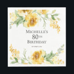 Yellow Watercolor Floral Greenery 80th Birthday Napkins<br><div class="desc">Pretty yellow watercolor flowers and green leaves customized 80th birthday party custom paper napkins women.  Contact me for assistance with your customizations or to request additional matching or coordinating Zazzle products for your party.</div>