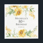 Yellow Watercolor Floral Greenery 80th Birthday Napkins<br><div class="desc">Pretty yellow watercolor flowers and green leaves customized 80th birthday party custom paper napkins women.  Contact me for assistance with your customizations or to request additional matching or coordinating Zazzle products for your party.</div>