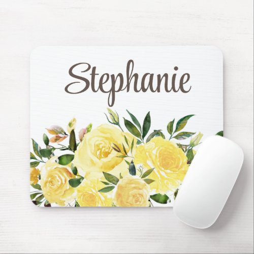 Yellow Watercolor Floral Greenery Name  Mouse Pad