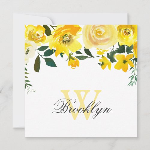 Yellow Watercolor Floral Monogram Thank You Card