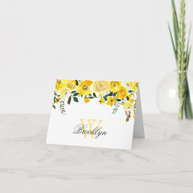Yellow Watercolor Floral Monogrammed Note Card (Front)