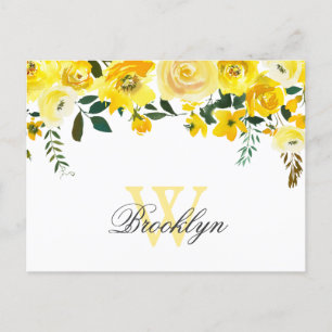 Yellow Watercolor Floral Monogrammed Thank You  Postcard