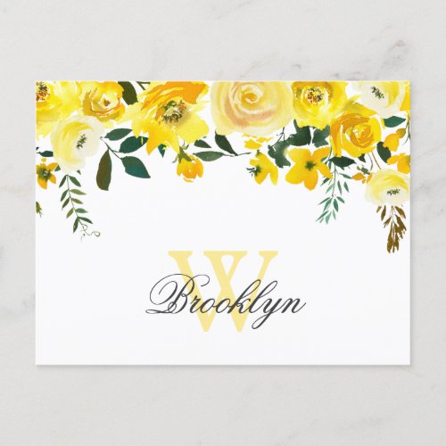 Yellow Watercolor Floral Monogrammed Thank You  Postcard