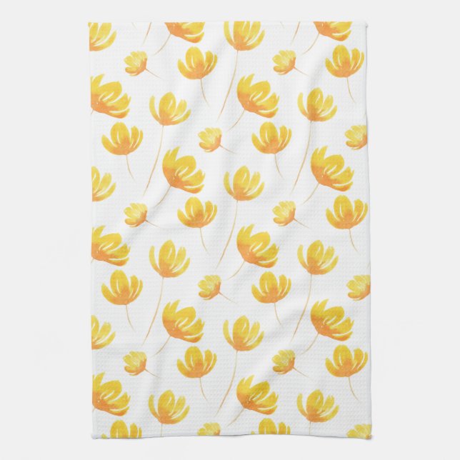 Yellow Watercolor Floral Pattern Kitchen Towel (Vertical)