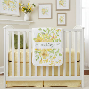 Yellow watercolor floral personalized baby blanket