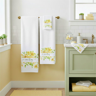 Yellow watercolor floral personalized bath towel set