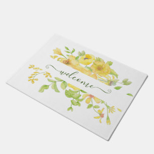 Yellow watercolor floral personalized doormat
