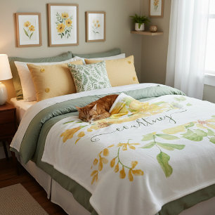 Yellow watercolor floral personalized fleece blanket