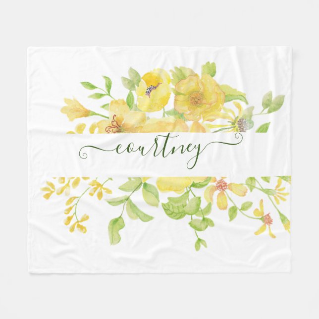 Yellow watercolor floral personalized   fleece blanket (Front (Horizontal))