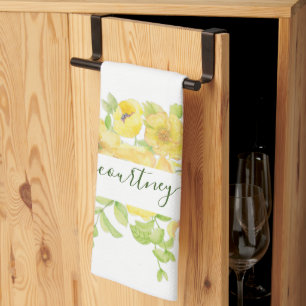Yellow watercolor floral personalized  kitchen towel