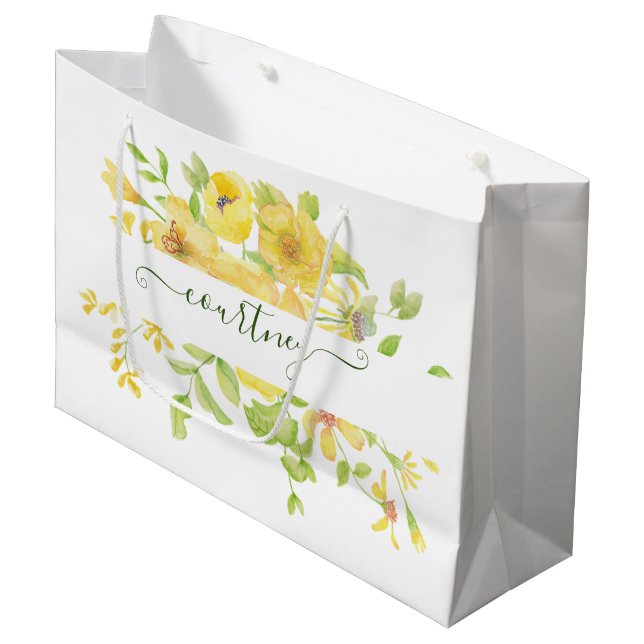 Yellow watercolor floral personalized   large gift bag (Front Angled)