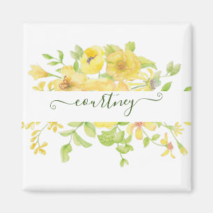Yellow watercolor floral personalized magnet