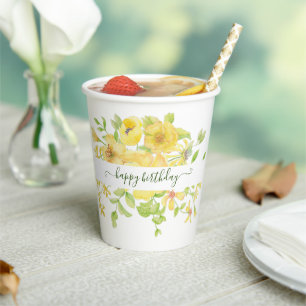 Yellow watercolor floral personalized   paper cups