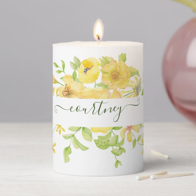 Yellow watercolor floral personalized  pillar candle (In Situ)