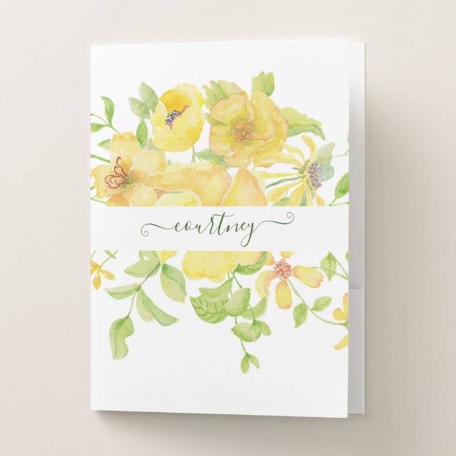 Yellow watercolor floral personalized   pocket folder (Front)