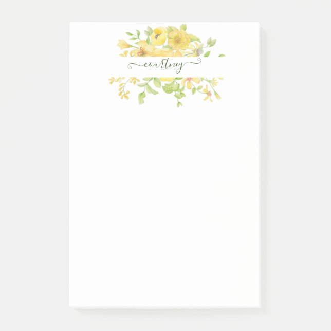 Yellow watercolor floral personalized   post-it notes (Front)