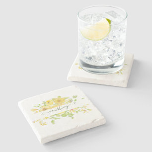 Yellow watercolor floral personalized stone coaster