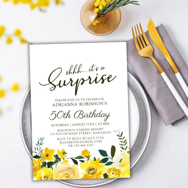 Yellow Watercolor Floral Surprise 50th Birthday Invitation (Creator Uploaded)