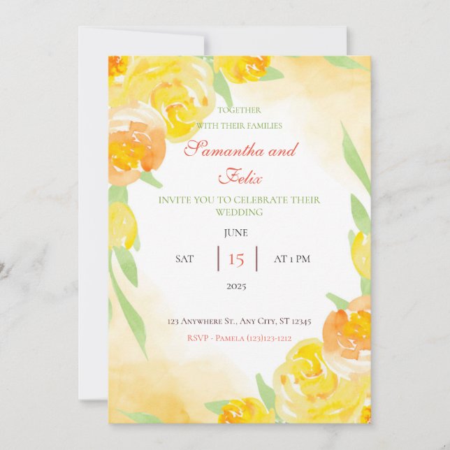 Yellow Watercolor Floral Wedding Invitation (Front)