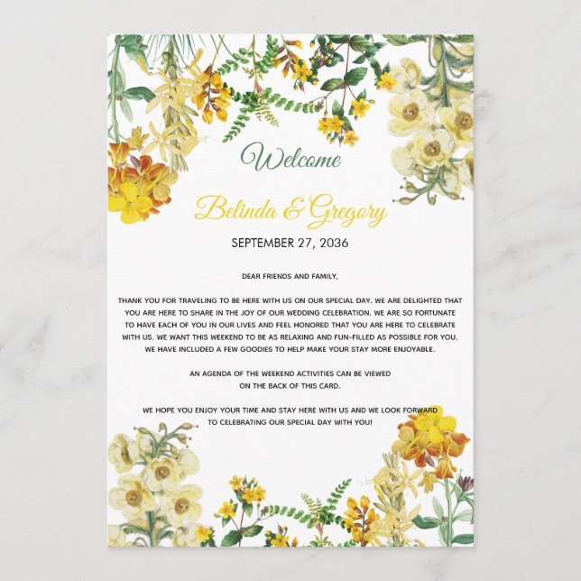 Yellow Watercolor Floral Wedding Itinerary Program (Front)