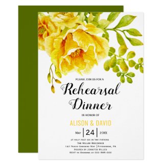 Yellow watercolor floral wedding rehearsal dinner invitation