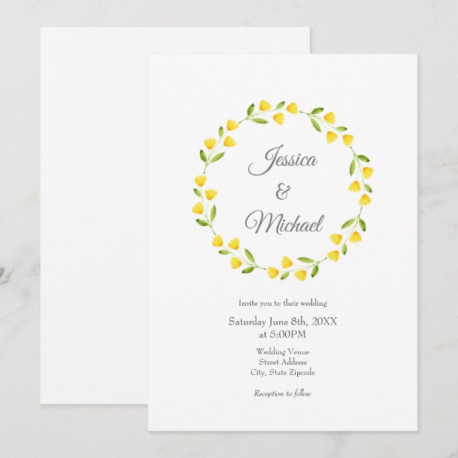 Yellow Watercolor Floral Wreath  Invitation (Front/Back)