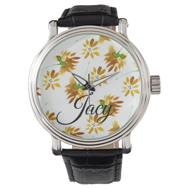 Yellow Watercolor Florals Script Name Mothers Day Watch (Front)