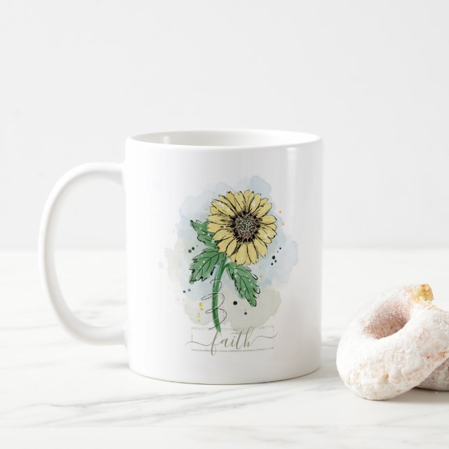 Yellow Watercolor Flower Faith Coffee Mug (With Donut)