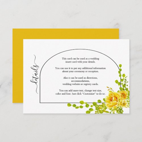 Yellow watercolor flowers and arch fall wedding enclosure card