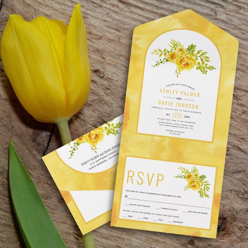 Yellow watercolor flowers and arch floral wedding all in one invitation