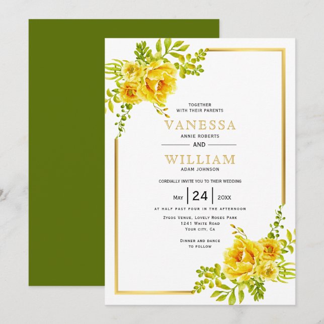 Yellow watercolor flowers and gold frame wedding invitation (Front/Back)