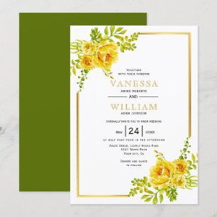 Yellow watercolor flowers and gold frame wedding invitation