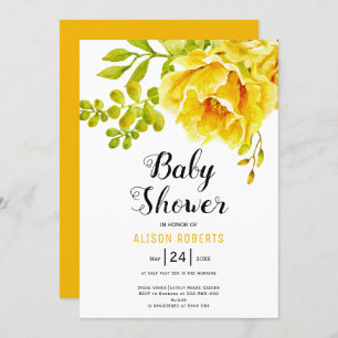 Yellow watercolor flowers and leaves baby shower invitation