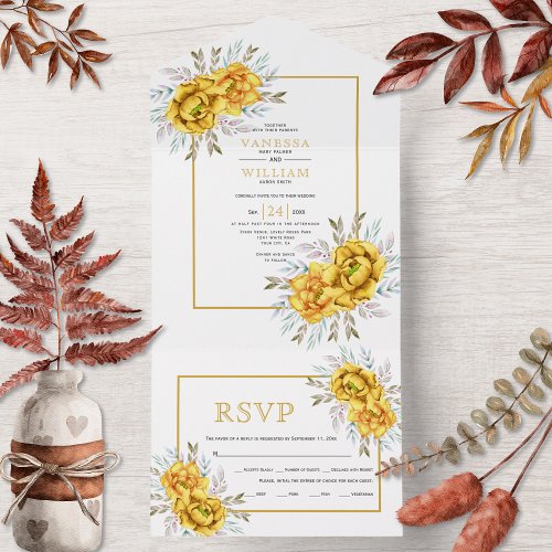 Yellow watercolor flowers and leaves gold wedding all in one invitation