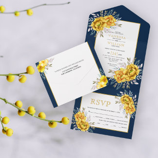 Yellow watercolor flowers and leaves navy wedding all in one invitation