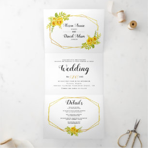 Yellow watercolor flowers and typography wedding Tri-Fold invitation