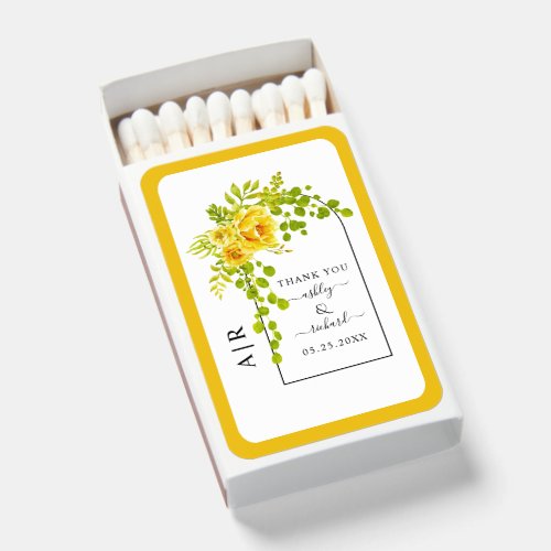 Yellow watercolor flowers arch and border wedding matchboxes