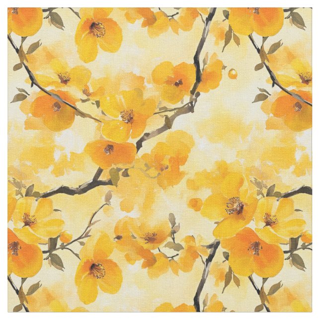 Yellow Watercolor Flowers  Fabric (Close Up)