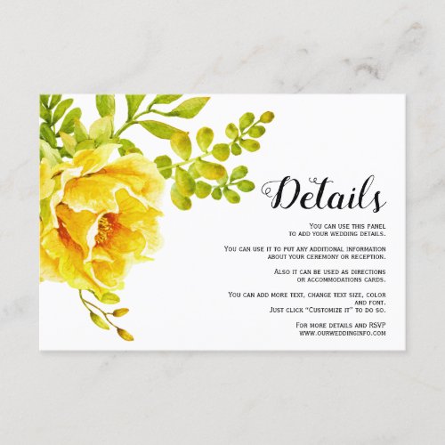 Yellow watercolor flowers floral wedding details enclosure card