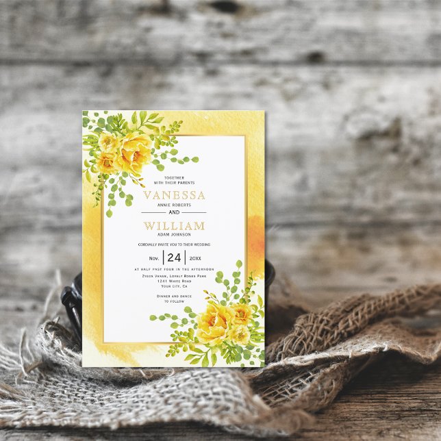 Yellow watercolor flowers floral wedding invitation (Creator Uploaded)