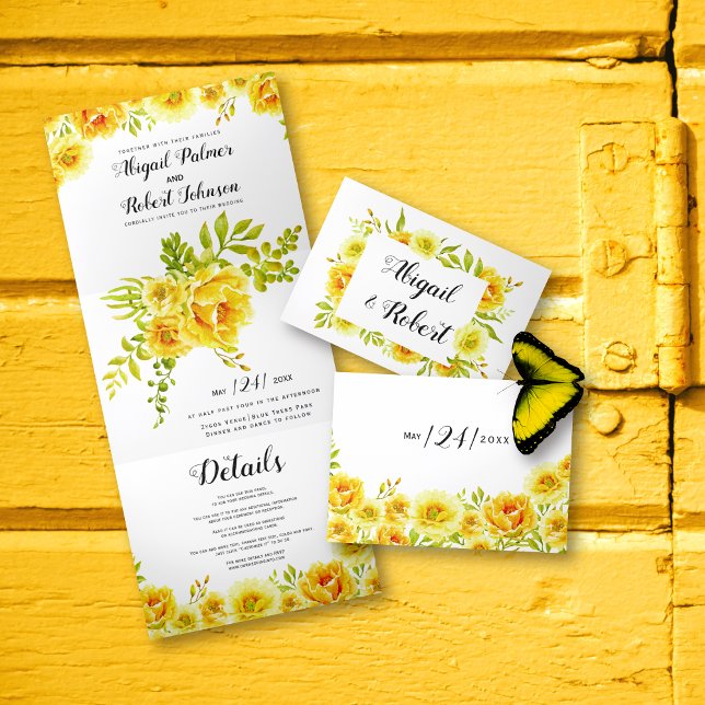 Yellow watercolor flowers floral wedding Tri-Fold invitation (Creator Uploaded)
