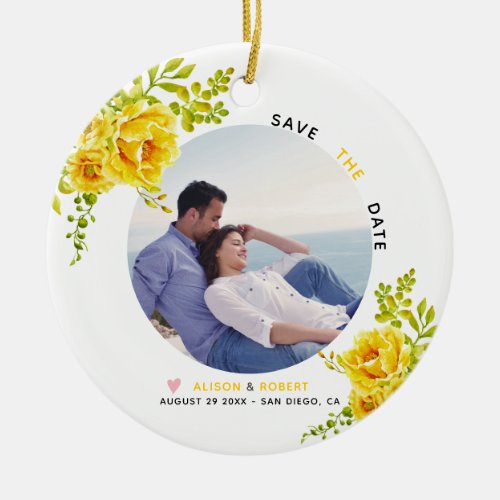 Yellow watercolor flowers green leaves and photo ceramic ornament